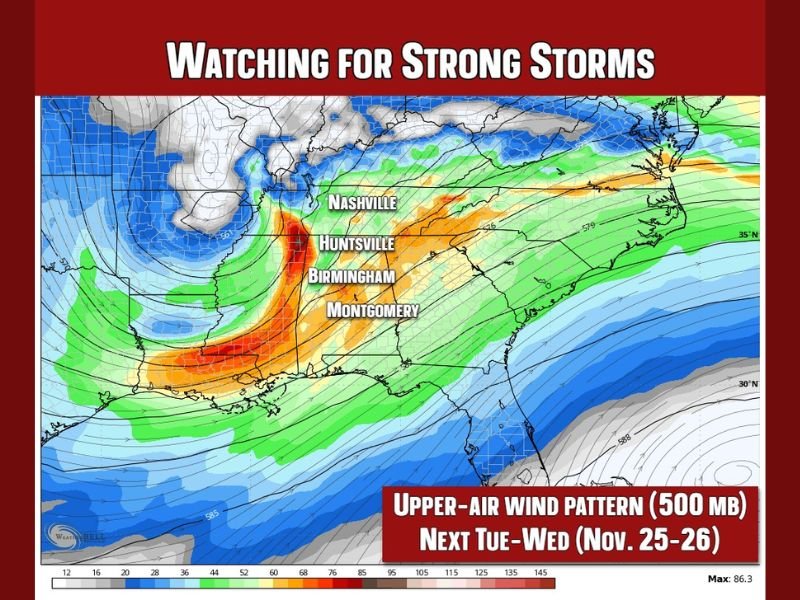 Alabama and Surrounding States Could Face Strong Storms Next Week as Thanksgiving Weather Models Shift