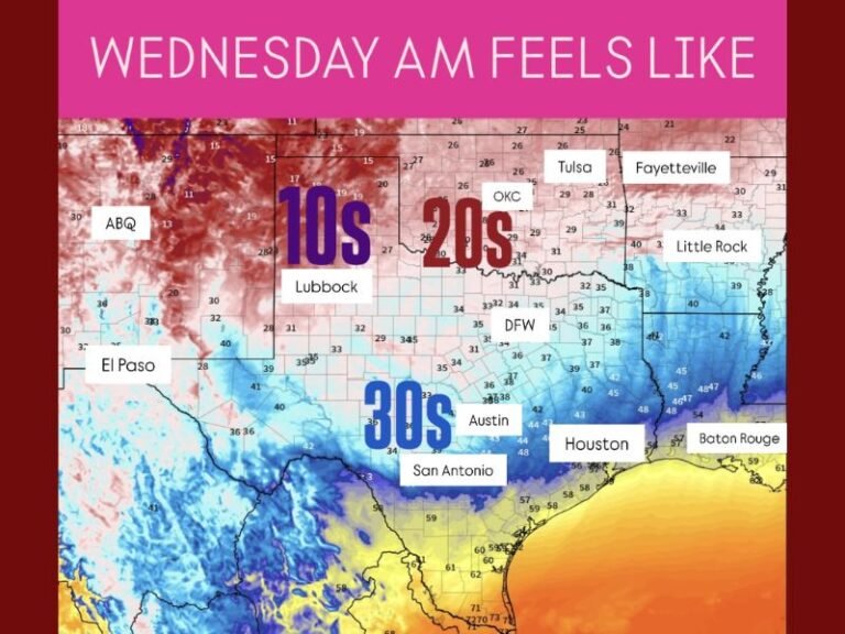 Arctic Cold Front to Sweep Across Texas, Oklahoma, and Arkansas Bringing Wind Chills in the Teens by Wednesday Morning
