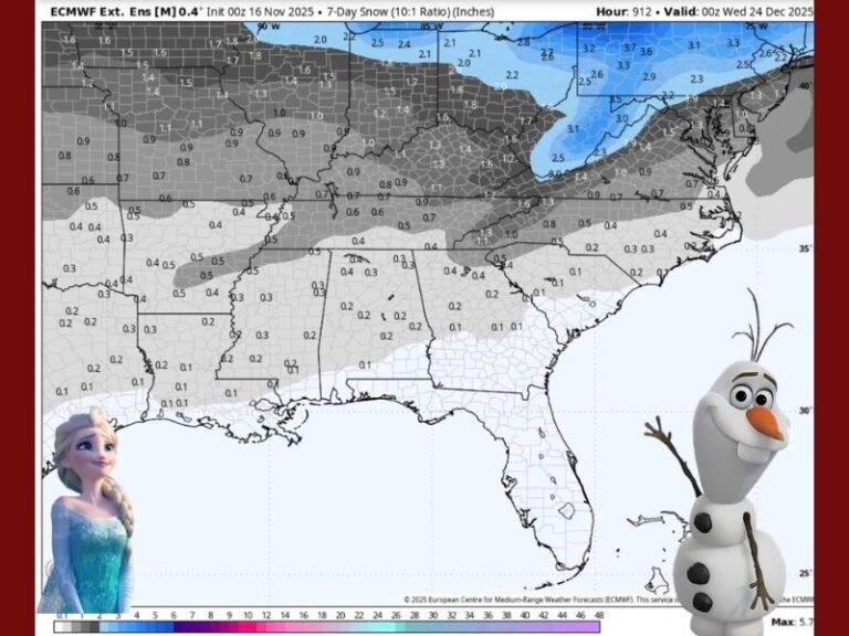 Christmas Eve Weather Models Suggest Light Snow Possibilities Across the South, With Tennessee, Kentucky and the Carolinas Showing the Best Chances