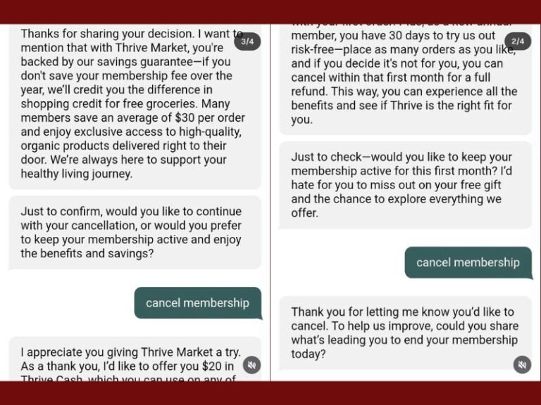 Customer Shares Viral Chat Showing How Hard It Was to Cancel Thrive Market Membership Despite Repeated Requests