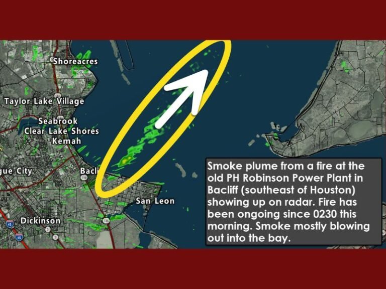 Fire at Old P.H. Robinson Power Plant in Bacliff Sends Smoke Plume Over Galveston Bay, Monitored by Weather Radar