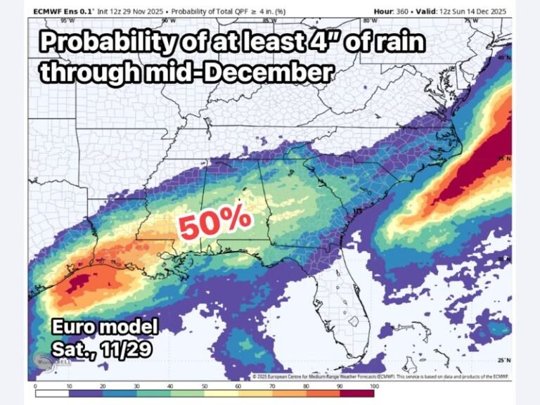 Heavy Rain Pattern to Drench Alabama Through Mid-December, With Up to 7 Inches Possible in Central and Southern Regions