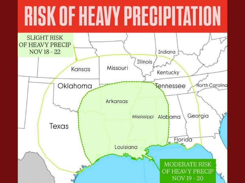 Heavy Rainfall Threat Building Across Texas, Louisiana, and Mississippi Next Week