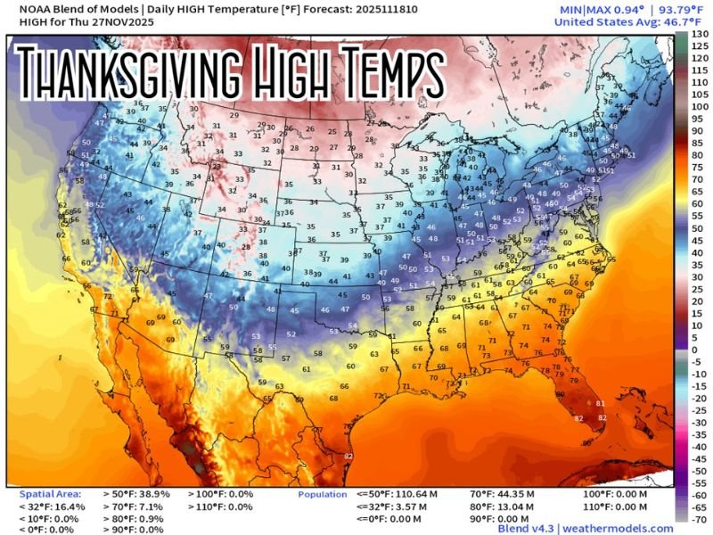 Illinois, Missouri, and Texas to See Drastic Thanksgiving Temperature Split as Cold Front Pushes Across U.S.