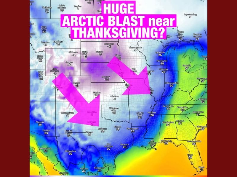 Major Arctic Blast Forecast Around Thanksgiving to Impact Illinois, Texas, and Much of the Central U.S.