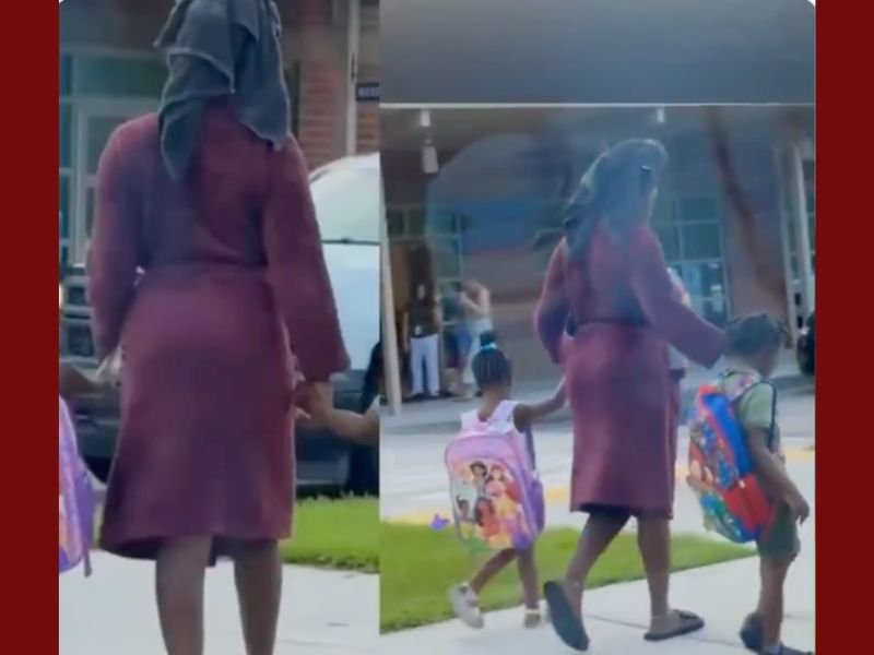 Mom in Bathrobe and Headscarf Sparks Viral Debate After Walking Kids to School: “She’s Doing Her Best”