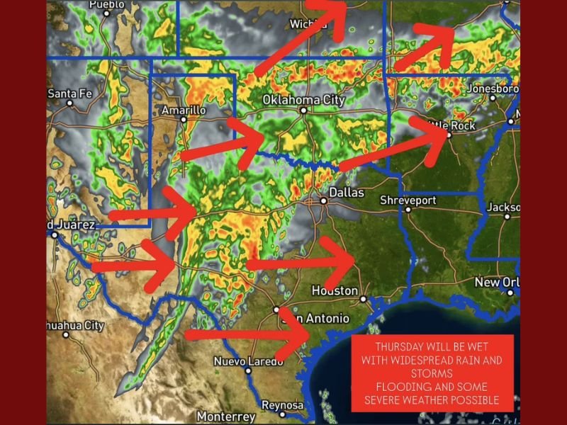 Powerful Storm System to Bring Heavy Rain, and Mountain Snow Across Texas, Oklahoma, and Neighboring States Thursday