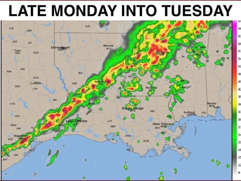 Severe Overnight Storms to Sweep Across Louisiana and Mississippi Late Monday Into Tuesday, Bringing Heavy Rain and Strong Winds