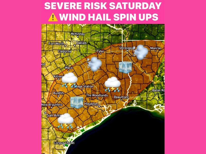 Severe Storm Risk Across Texas and Louisiana This Saturday as Cold Front Triggers Thunderstorms and Damaging Winds