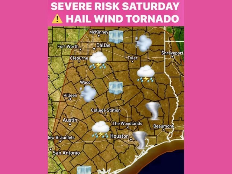 Severe Storms Expected Across Texas and Louisiana Saturday With Risks of Tornadoes, Hail, and Damaging Winds