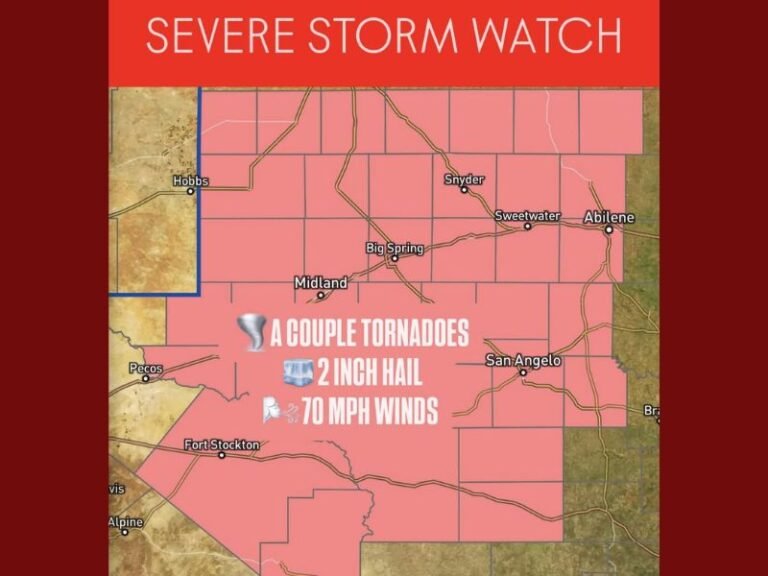 Severe Thunderstorm Watch Issued for Large Parts of West and Central Texas With Tornado and Hail Threat Until 10 PM