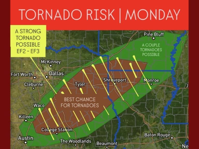 Severe Tornado Threat Forecasted for Parts of Texas, Louisiana, and Arkansas on Monday