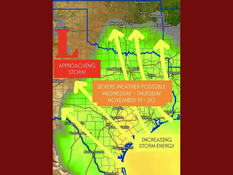 Severe Weather Threat Builds Across Texas, Oklahoma, and Arkansas Midweek as Powerful Pacific Storm Approaches