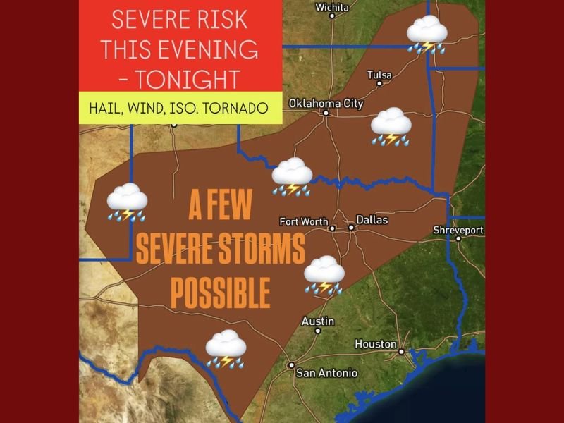 Strong Evening Storms Expected Across Texas and Oklahoma with Risk of Hail, Wind, and Isolated Tornadoes