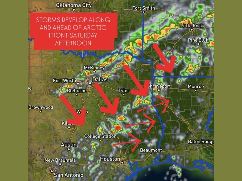 Strong Storms Expected Across Texas, Oklahoma, Arkansas, and Louisiana as Arctic Front Arrives Saturday Afternoon