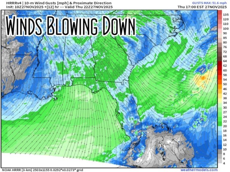 Strong Thanksgiving Winds Sweep Across the Southeast, Bringing Chilly Air into Florida and Lower Temperatures for the Weekend