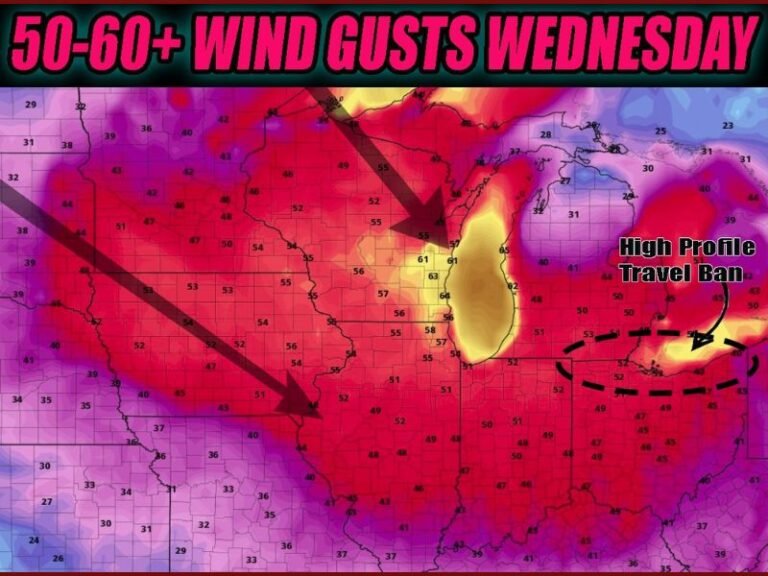 Strong Winds Up to 60 MPH to Hit Illinois, Indiana, and Great Lakes Region Wednesday as Travel Bans and Safety Alerts Issued