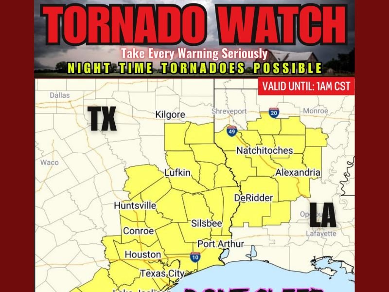 Texas and Louisiana Under Tornado Watch as Severe Nighttime Storms Threaten High Winds and Hail