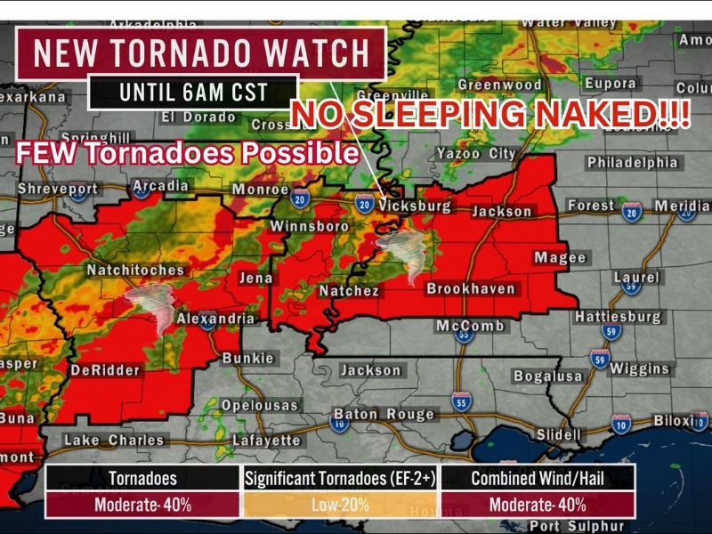 Tornado Watch Issued for Eastern Louisiana and Central Mississippi as Overnight Storms Threaten Region