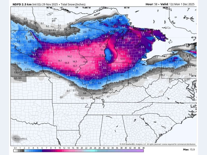 Widespread 9–15 Inches of Snow Expected Across Iowa, Illinois, Wisconsin, Indiana, and Michigan as Major Winter Storm Intensifies