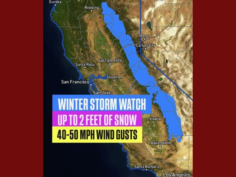 Winter Storm Watch Issued for California’s Sierra Nevada: Up to 2 Feet of Snow and 50 mph Wind Gusts Expected