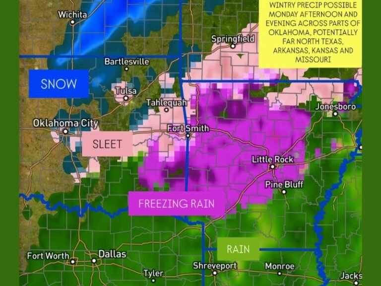 Wintry Mix Expected Monday Across Oklahoma, Arkansas, Kansas, and Missouri as Cold Air Returns to the Southern Plains