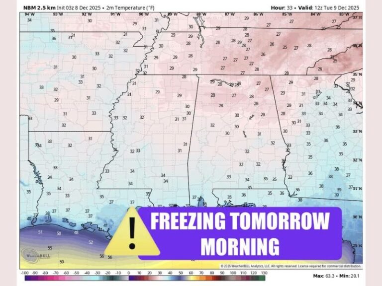Alabama, Mississippi, and Georgia Face Overnight Freeze as Temperatures Plunge Into the 20s Across Central South