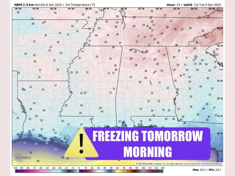 Alabama, Mississippi, and Georgia Face Overnight Freeze as Temperatures Plunge Into the 20s Across Central South