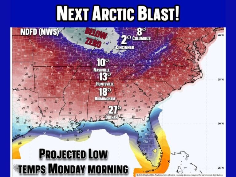 Alabama, Tennessee, Georgia and Northern Florida Prepare for Dangerous Arctic Blast as Temperatures Plunge Into the Teens and Single Digits by Monday Morning