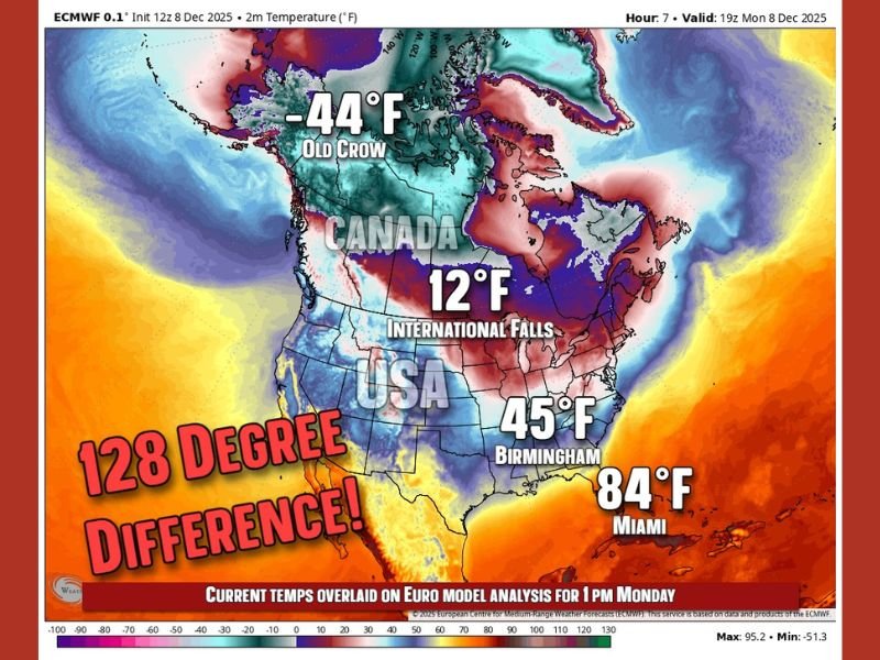 Alabama to Face Arctic Air This Weekend as 128°F Temperature Difference Spans from Canada to Florida