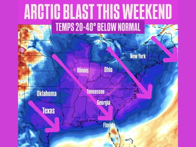 Arctic Blast to Drive Temperatures 20–40 Degrees Below Normal Across the Midwest, Great Lakes, Ohio Valley, and Down Into Texas, Tennessee, Georgia, and Florida This Weekend
