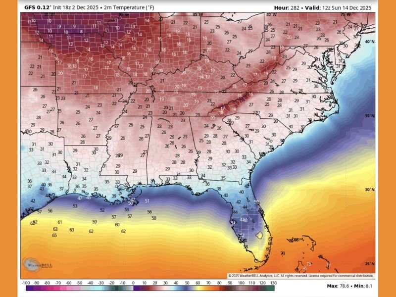 Arctic Blast to Freeze Mississippi, Alabama, Georgia, and Tennessee With Hard Freeze on December 14
