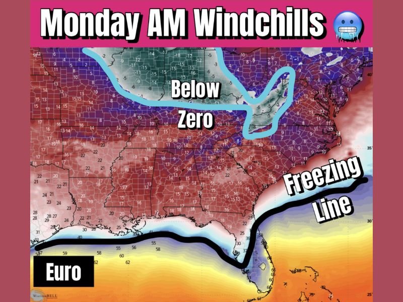 Arctic Outbreak to Bring Below-Zero Wind Chills to Illinois, Ohio, Indiana and a Freezing Line Extending Into Alabama, Georgia, and Northern Florida Monday Morning