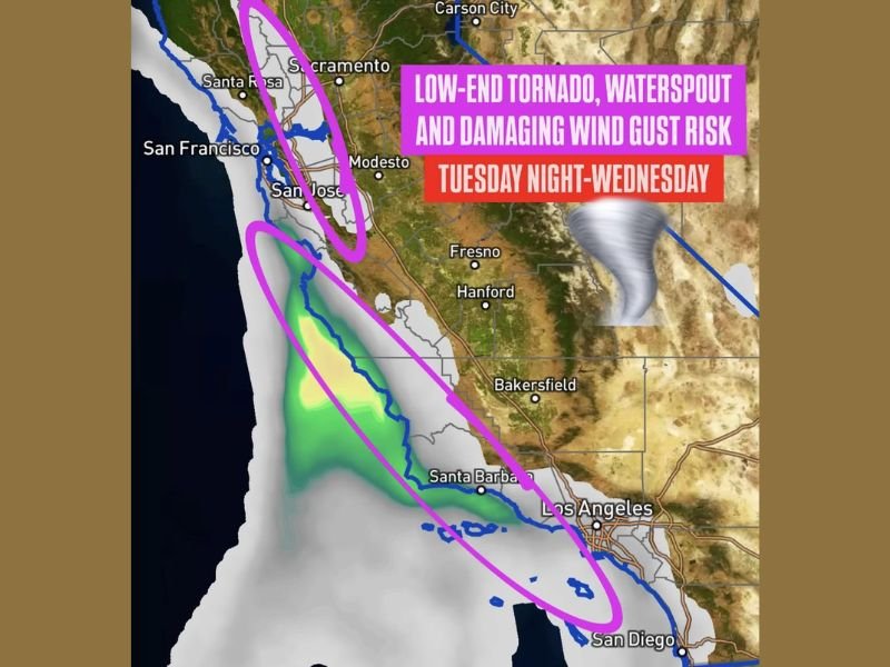 California Faces Low-End Severe Weather Threat With Potential for Waterspouts, Brief Tornadoes, and Damaging Wind Gusts From Tuesday Night Into Christmas Morning