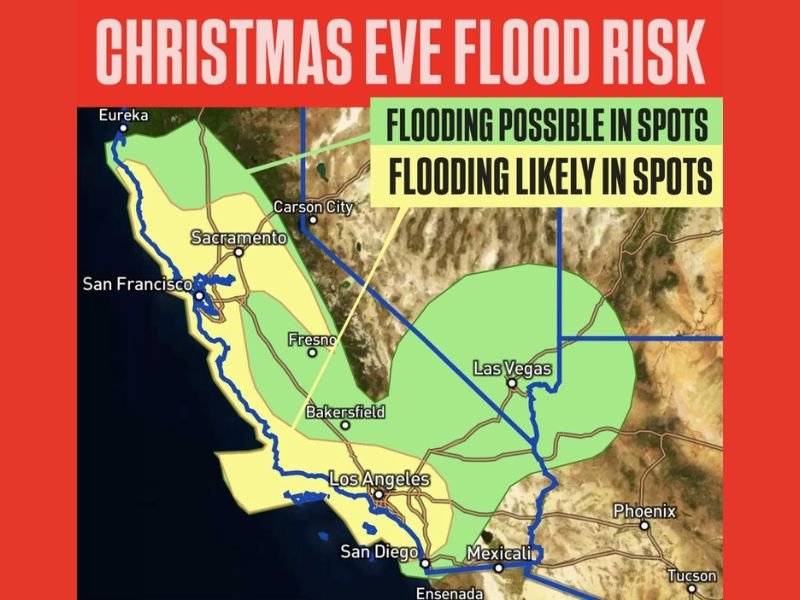California and Nevada at Risk for Christmas Eve Flooding as Strong Storm System and Atmospheric River Bring Heavy Rainfall to the Region