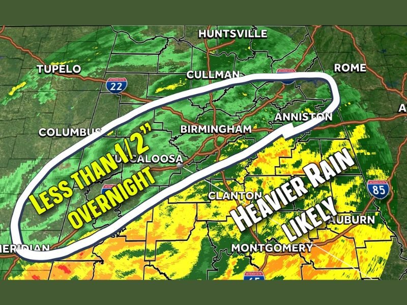 Central Alabama Weather Update: Heaviest Rain Shifts South of I-20 as North Counties Expect Lighter Showers and Cooler Tuesday