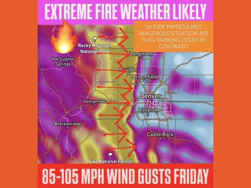 Colorado Issues First-Ever ‘Particularly Dangerous Situation’ Red Flag Warning as 85–105 MPH Winds Threaten Front Range Foothills
