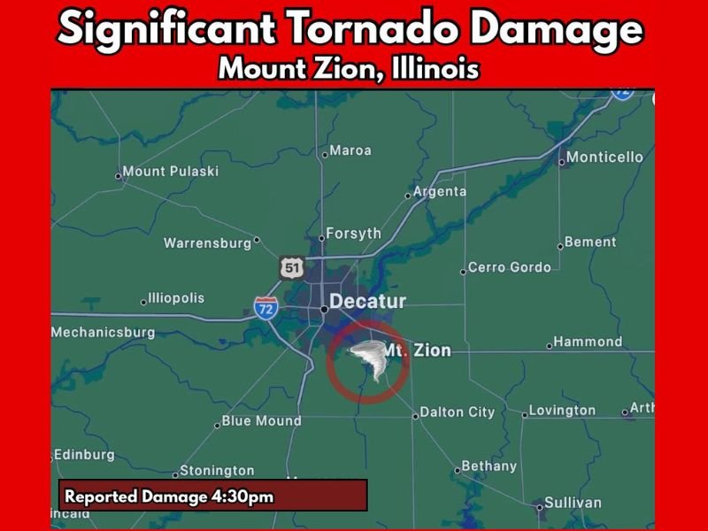 Confirmed Tornado Causes Significant Damage in Mount Zion, Illinois; Additional Damage Reported in Pontiac as Multiple Touchdowns Verified