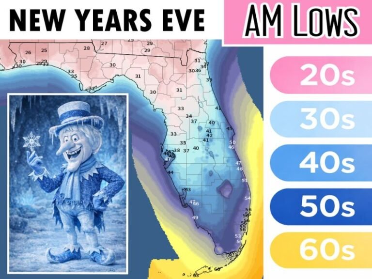 Florida Forecast Shows Widespread 20s, 30s, and 40s for New Year’s Eve Morning as Strong Year-End Cold Front Pushes South