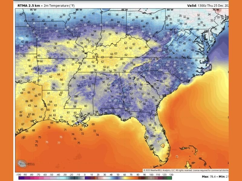Florida, Georgia, Alabama, Mississippi, and Louisiana Wake to Unseasonably Warm Christmas Morning With Temperatures Surging Into the 60s and 70s
