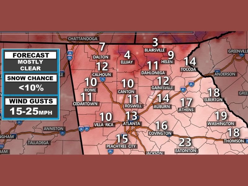 Georgia, North Carolina, and South Carolina Set for Dangerous Single-Digit Wind Chills Sunday Night, Forecast Shows