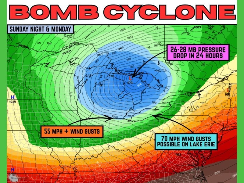 Great Lakes Prepare for Powerful Bomb Cyclone With 55–70 MPH Wind Gusts, 26–28 mb Pressure Drop, and 20+ Foot Waves Expected