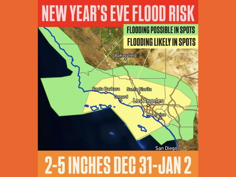 Heavy Rain and Flood Risk Expected Across Southern California From December 31 to January 2
