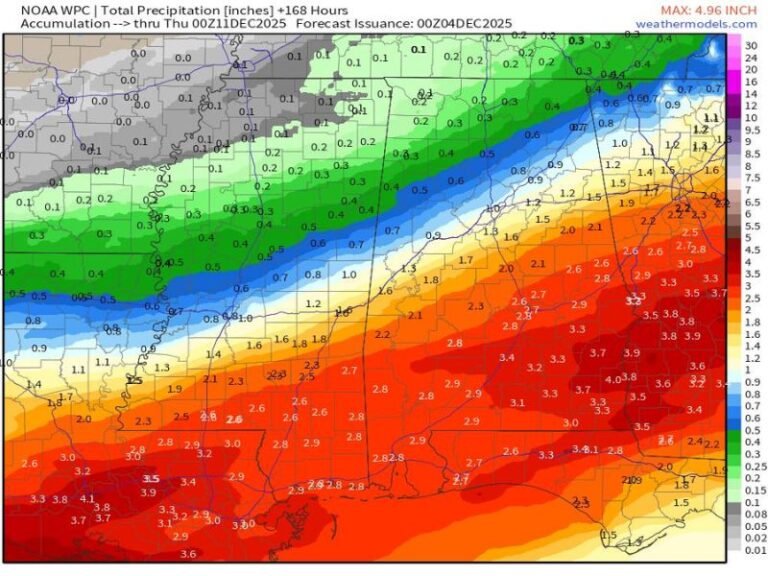 Heavy Rainfall Expected Across the Deep South: Alabama, Mississippi, and Louisiana Could See Up to 5 Inches by Mid-December