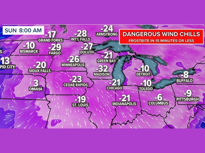 Illinois, Michigan, Ohio, Wisconsin, Minnesota, and the Dakotas to Face Life-Threatening -20° to -35° Wind Chills Sunday Morning