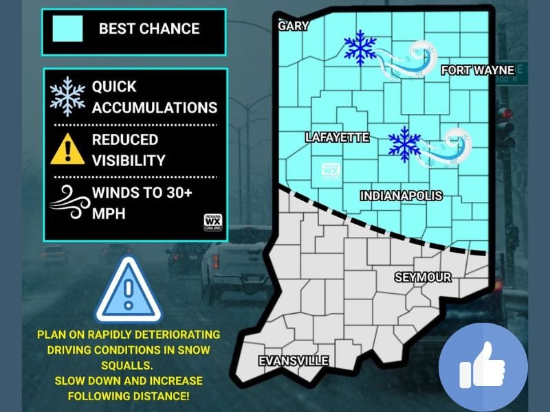 Indiana Braces for Hazardous Snow Squalls on New Year’s Eve as Rapid Whiteout Conditions Threaten Travel Safety