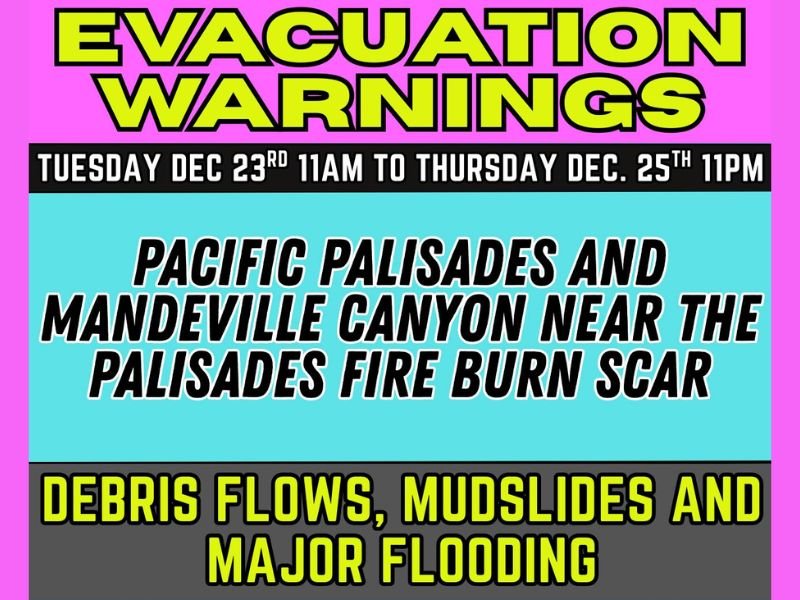 Los Angeles, California Issues Emergency Evacuation Warning for Pacific Palisades and Mandeville Canyon as Debris Flows and Major Flooding Threaten Burn Scar Areas