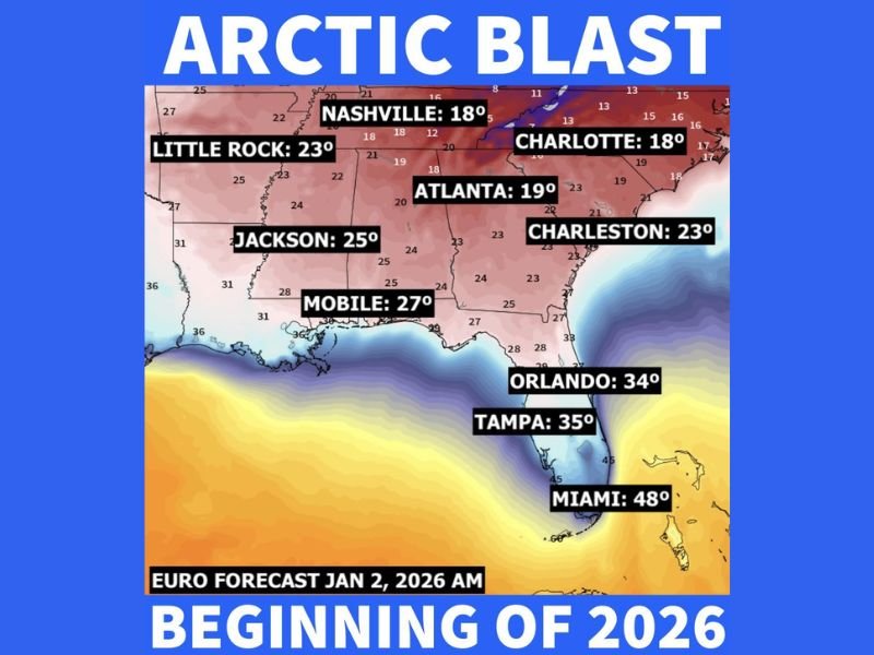 Major Arctic Blast to Hit Tennessee, Arkansas, Georgia, Mississippi, Alabama, the Carolinas and Florida With the Coldest Temperatures of Early 2026