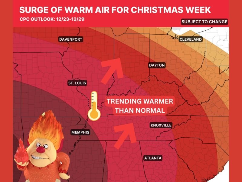 Major Warm-Up Expected For Missouri, Kentucky, Tennessee, Arkansas, Alabama, and Georgia for Christmas Week, CPC Outlook Shows