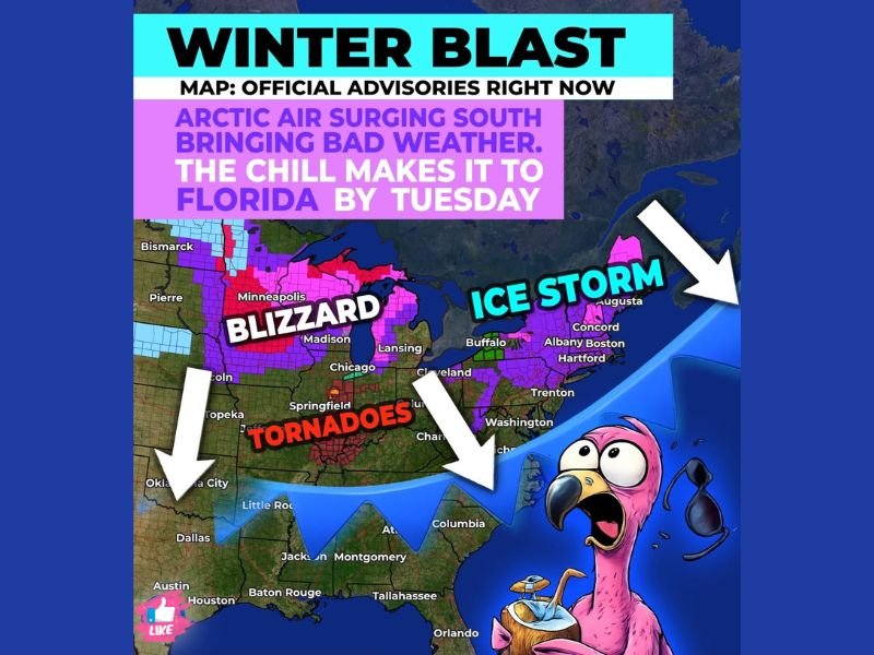 Major Winter Blast to Sweep Across the U.S. With Blizzard Conditions, Ice Storms, and Tornado Threats Before Cold Air Reaches Florida